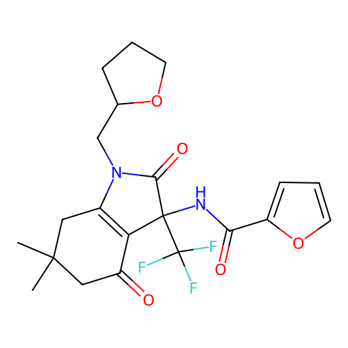 N-(6,6-dimethyl-2,4-dioxo-1-((tetrahydrofuran-2-yl)methyl)-3-(trifluoromethyl)-2,3,4,5,6,7-hexahydro-1H-indol-3-yl)furan-2-carboxamide structure