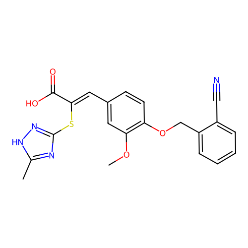 (2Z)-3-{4-[(2-cyanobenzyl)oxy]-3-methoxyphenyl}-2-[(3-methyl-1H-1,2,4-triazol-4-ium-5-yl)sulfanyl]prop-2-enoate structure