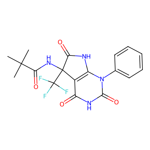 N-(2,4,6-trioxo-1-phenyl-5-(trifluoromethyl)-2,3,4,5,6,7-hexahydro-1H-pyrrolo[2,3-d]pyrimidin-5-yl)pivalamide structure