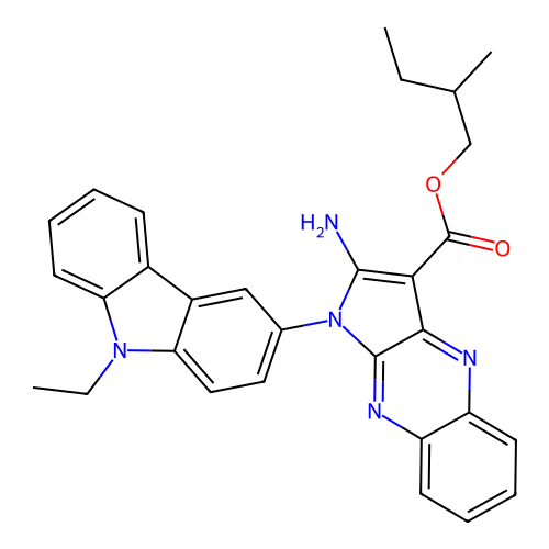 2-methylbutyl 2-amino-1-(9-ethyl-9H-carbazol-3-yl)-1H-pyrrolo[2,3-b]quinoxaline-3-carboxylate structure
