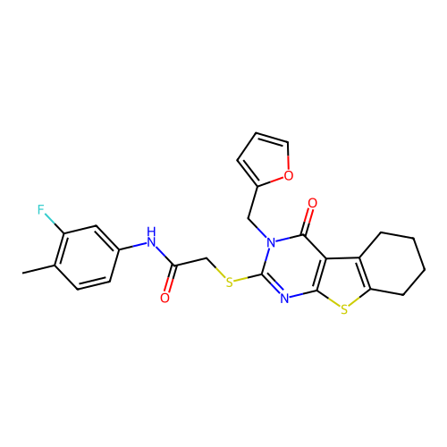 N-(3-fluoro-4-methylphenyl)-2-((3-(furan-2-ylmethyl)-4-oxo-3,4,5,6,7,8-hexahydrobenzo[4,5]thieno[2,3-d]pyrimidin-2-yl)thio)acetamide structure