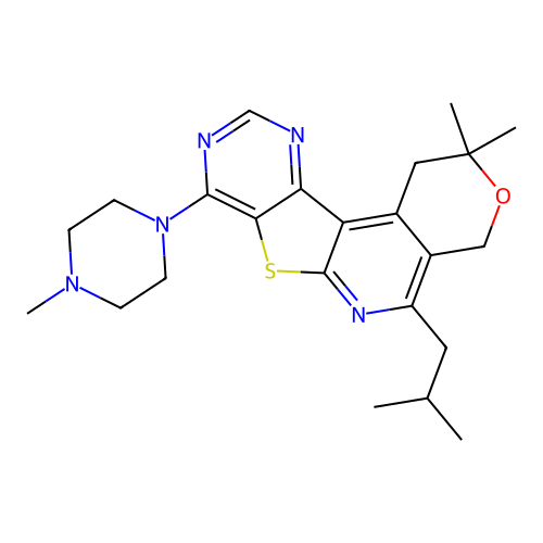 2,2-dimethyl-8-(4-methylpiperazin-1-yl)-5-(2-methylpropyl)-1,4-dihydro-2H-pyrano[4'',3'':4',5']pyrido[3',2':4,5]thieno[3,2-d]pyrimidine structure