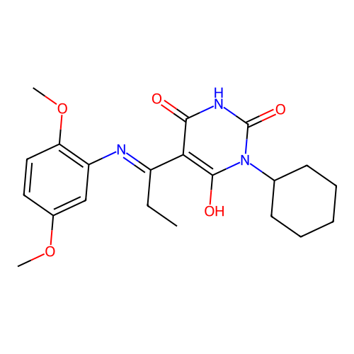 (5E)-1-cyclohexyl-5-[1-(2,5-dimethoxyanilino)propylidene]-1,3-diazinane-2,4,6-trione structure