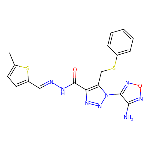 (E)-1-(4-amino-1,2,5-oxadiazol-3-yl)-N'-((5-methylthiophen-2-yl)methylene)-5-((phenylthio)methyl)-1H-1,2,3-triazole-4-carbohydrazide structure