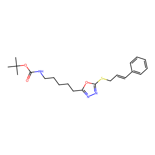 (E)-tert-butyl (5-(5-(cinnamylthio)-1,3,4-oxadiazol-2-yl)pentyl)carbamate structure