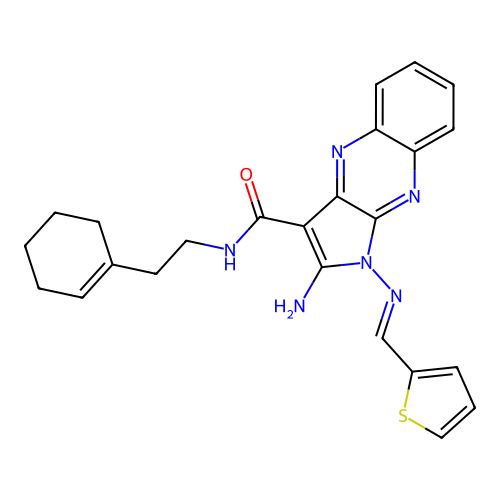 (E)-2-amino-N-(2-(cyclohex-1-en-1-yl)ethyl)-1-((thiophen-2-ylmethylene)amino)-1H-pyrrolo[2,3-b]quinoxaline-3-carboxamide structure