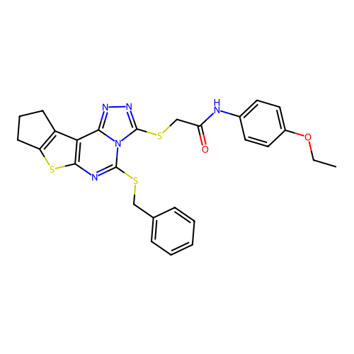 2-((5-(benzylthio)-9,10-dihydro-8H-cyclopenta[4,5]thieno[3,2-e][1,2,4]triazolo[4,3-c]pyrimidin-3-yl)thio)-N-(4-ethoxyphenyl)acetamide structure