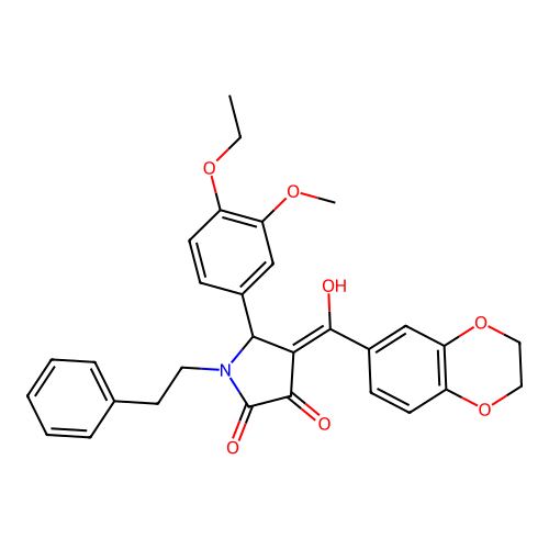 (4E)-4-[2,3-dihydro-1,4-benzodioxin-6-yl(hydroxy)methylidene]-5-(4-ethoxy-3-methoxyphenyl)-1-(2-phenylethyl)pyrrolidine-2,3-dione structure