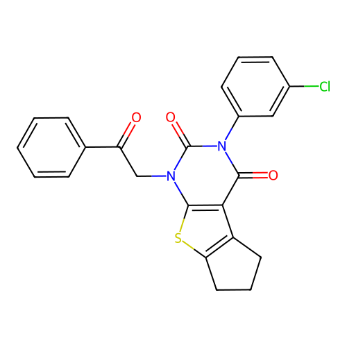 3-(3-chlorophenyl)-1-(2-oxo-2-phenylethyl)-1,5,6,7-tetrahydro-2H-cyclopenta[4,5]thieno[2,3-d]pyrimidine-2,4(3H)-dione structure