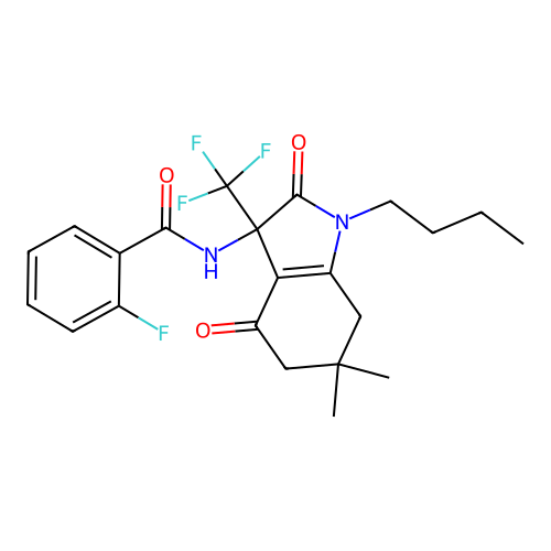 N-[1-butyl-6,6-dimethyl-2,4-dioxo-3-(trifluoromethyl)-2,3,4,5,6,7-hexahydro-1H-indol-3-yl]-2-fluorobenzamide structure