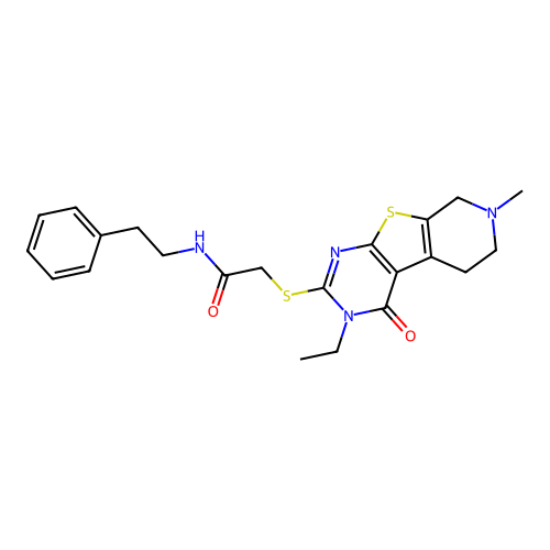 2-[(3-ethyl-7-methyl-4-oxo-6,8-dihydro-5H-pyrido[2,3]thieno[2,4-b]pyrimidin-2-yl)thio]-N-(2-phenylethyl)acetamide structure