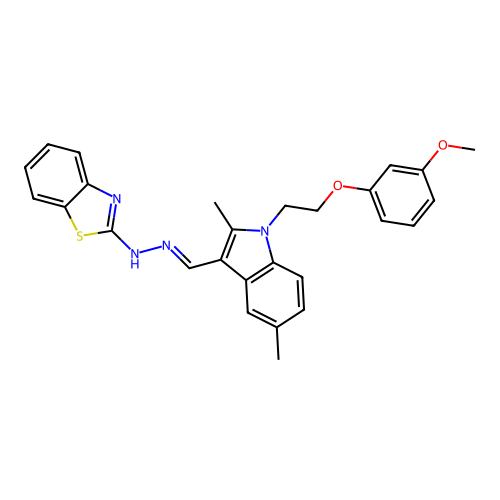 (2Z)-2-[(2E)-({1-[2-(3-methoxyphenoxy)ethyl]-2,5-dimethyl-1H-indol-3-yl}methylidene)hydrazinylidene]-2,3-dihydro-1,3-benzothiazole structure