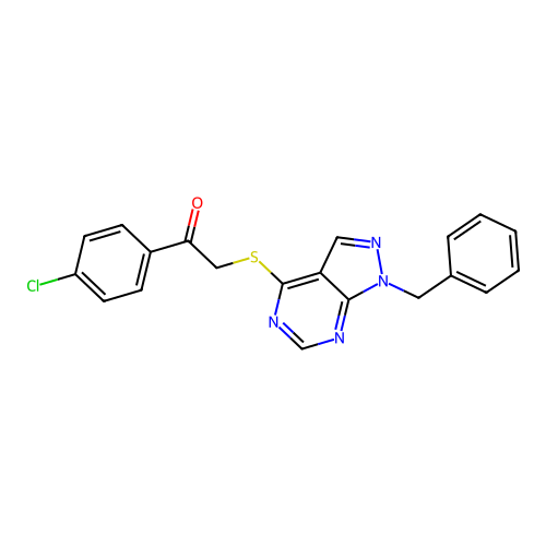 2-((1-benzyl-1H-pyrazolo[3,4-d]pyrimidin-4-yl)thio)-1-(4-chlorophenyl)ethanone structure