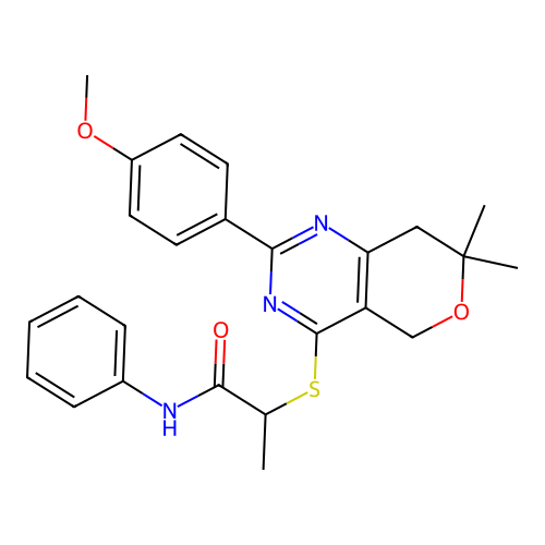 2-((2-(4-methoxyphenyl)-7,7-dimethyl-7,8-dihydro-5H-pyrano[4,3-d]pyrimidin-4-yl)thio)-N-phenylpropanamide structure