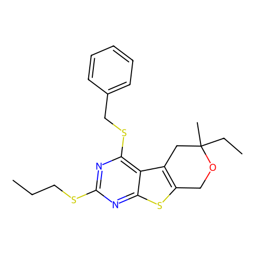 4-(benzylsulfanyl)-6-ethyl-6-methyl-2-(propylsulfanyl)-5,8-dihydro-6H-pyrano[4',3':4,5]thieno[2,3-d]pyrimidine structure
