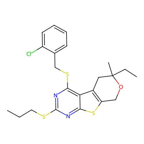 4-((2-chlorobenzyl)thio)-6-ethyl-6-methyl-2-(propylthio)-6,8-dihydro-5H-pyrano[4',3':4,5]thieno[2,3-d]pyrimidine structure