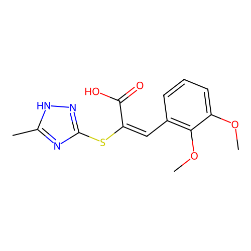 (E)-3-(2,3-dimethoxyphenyl)-2-((5-methyl-4H-1,2,4-triazol-3-yl)thio)acrylic acid structure