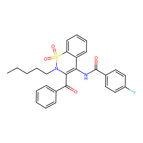 N-(3-benzoyl-1,1-dioxido-2-pentyl-2H-1,2-benzothiazin-4-yl)-4-fluorobenzamide structure