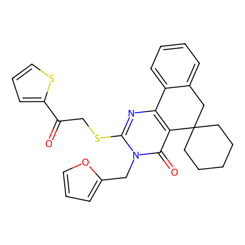3-(furan-2-ylmethyl)-2-((2-oxo-2-(thiophen-2-yl)ethyl)thio)-3H-spiro[benzo[h]quinazoline-5,1'-cyclohexan]-4(6H)-one structure