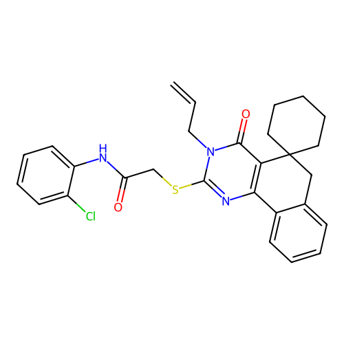 2-((3-allyl-4-oxo-4,6-dihydro-3H-spiro[benzo[h]quinazoline-5,1'-cyclohexan]-2-yl)thio)-N-(2-chlorophenyl)acetamide structure
