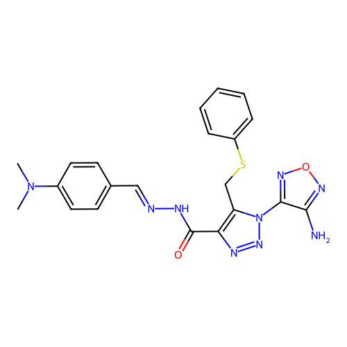 (E)-1-(4-amino-1,2,5-oxadiazol-3-yl)-N'-(4-(dimethylamino)benzylidene)-5-((phenylthio)methyl)-1H-1,2,3-triazole-4-carbohydrazide structure