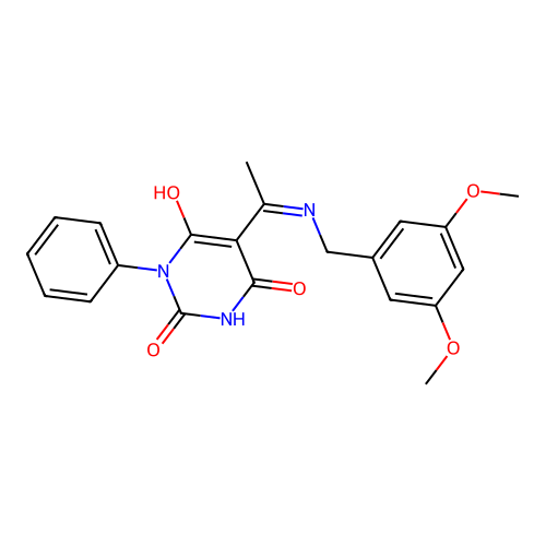 (Z)-5-(1-((3,5-dimethoxybenzyl)amino)ethylidene)-1-phenylpyrimidine-2,4,6(1H,3H,5H)-trione structure