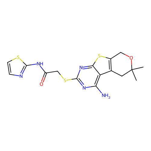 2-((4-amino-6,6-dimethyl-6,8-dihydro-5H-pyrano[4',3':4,5]thieno[2,3-d]pyrimidin-2-yl)thio)-N-(thiazol-2-yl)acetamide structure