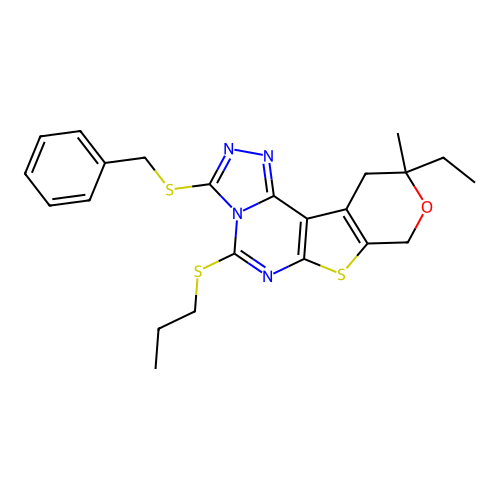 3-(benzylsulfanyl)-10-ethyl-10-methyl-5-(propylsulfanyl)-10,11-dihydro-8H-pyrano[4',3':4,5]thieno[3,2-e][1,2,4]triazolo[4,3-c]pyrimidine structure