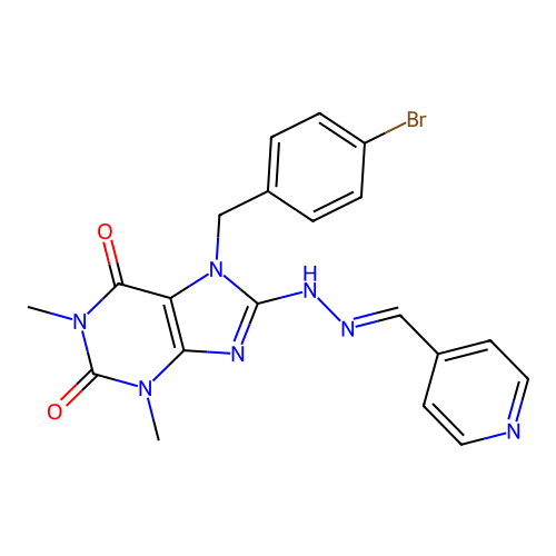 (E)-7-(4-bromobenzyl)-1,3-dimethyl-8-(2-(pyridin-4-ylmethylene)hydrazinyl)-1H-purine-2,6(3H,7H)-dione structure