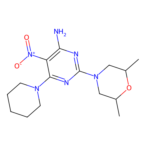 2-(2,6-Dimethylmorpholin-4-yl)-5-nitro-6-(piperidin-1-yl)pyrimidin-4-amine structure