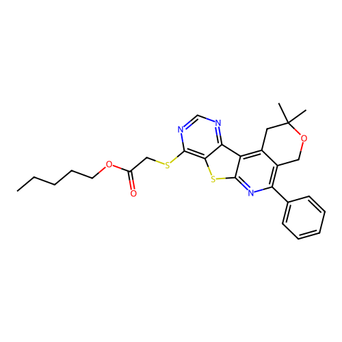 pentyl [(2,2-dimethyl-5-phenyl-1,4-dihydro-2H-pyrano[4'',3'':4',5']pyrido[3',2':4,5]thieno[3,2-d]pyrimidin-8-yl)sulfanyl]acetate structure