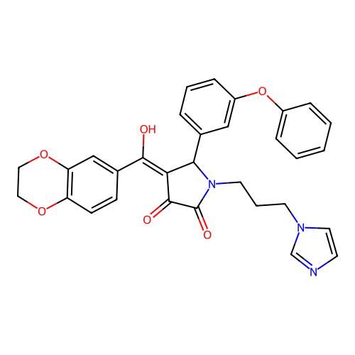 (4E)-4-[2,3-dihydro-1,4-benzodioxin-6-yl(hydroxy)methylidene]-1-(3-imidazol-1-ylpropyl)-5-(3-phenoxyphenyl)pyrrolidine-2,3-dione structure