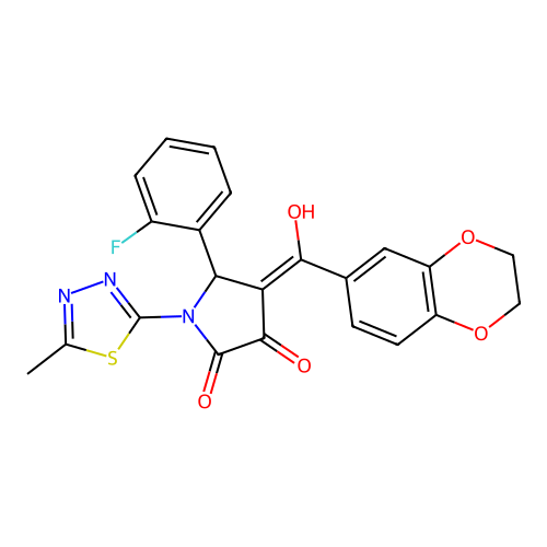 (4E)-4-[2,3-dihydro-1,4-benzodioxin-6-yl(hydroxy)methylidene]-5-(2-fluorophenyl)-1-(5-methyl-1,3,4-thiadiazol-2-yl)pyrrolidine-2,3-dione structure