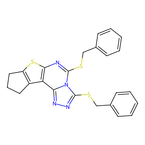 3,5-bis(benzylsulfanyl)-9,10-dihydro-8H-cyclopenta[4,5]thieno[3,2-e][1,2,4]triazolo[4,3-c]pyrimidine structure