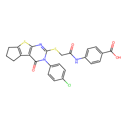 4-(2-((3-(4-chlorophenyl)-4-oxo-4,5,6,7-tetrahydro-3H-cyclopenta[4,5]thieno[2,3-d]pyrimidin-2-yl)thio)acetamido)benzoic acid structure