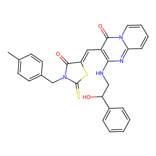 2-[(2-hydroxy-2-phenylethyl)amino]-3-{(Z)-[3-(4-methylbenzyl)-4-oxo-2-thioxo-1,3-thiazolidin-5-ylidene]methyl}-4H-pyrido[1,2-a]pyrimidin-4-one structure