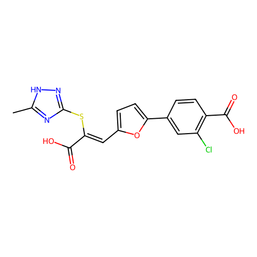 4-{5-[(Z)-2-Carboxy-2-(5-methyl-4H-[1,2,4]triazol-3-ylsulfanyl)-vinyl]-furan-2-yl}-2-chloro-benzoic acid structure