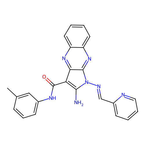 (E)-2-amino-1-((pyridin-2-ylmethylene)amino)-N-(m-tolyl)-1H-pyrrolo[2,3-b]quinoxaline-3-carboxamide structure