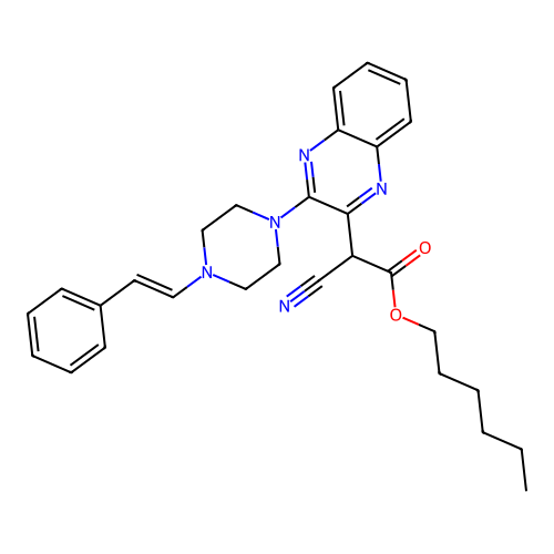 hexyl cyano(3-{4-[(E)-2-phenylethenyl]piperazin-1-yl}quinoxalin-2-yl)acetate structure