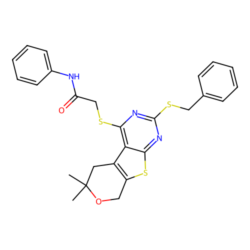 2-((2-(benzylthio)-6,6-dimethyl-6,8-dihydro-5H-pyrano[4',3':4,5]thieno[2,3-d]pyrimidin-4-yl)thio)-N-phenylacetamide structure