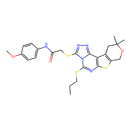 2-((10,10-dimethyl-5-(propylthio)-10,11-dihydro-8H-pyrano[4',3':4,5]thieno[3,2-e][1,2,4]triazolo[4,3-c]pyrimidin-3-yl)thio)-N-(4-methoxyphenyl)acetamide structure
