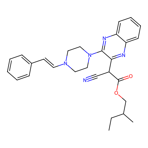 2-methylbutyl cyano(3-{4-[(E)-2-phenylethenyl]piperazin-1-yl}quinoxalin-2-yl)acetate structure