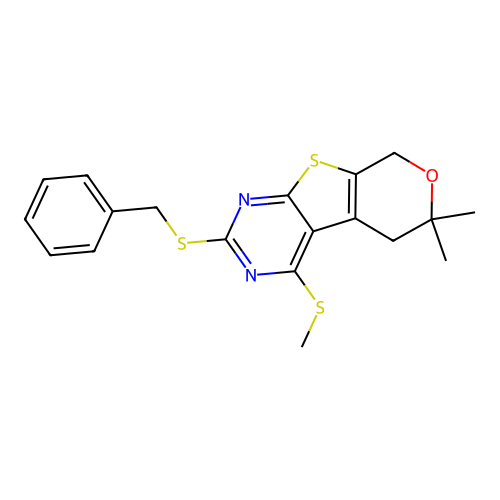 2-(benzylsulfanyl)-6,6-dimethyl-4-(methylsulfanyl)-5,8-dihydro-6H-pyrano[4',3':4,5]thieno[2,3-d]pyrimidine structure