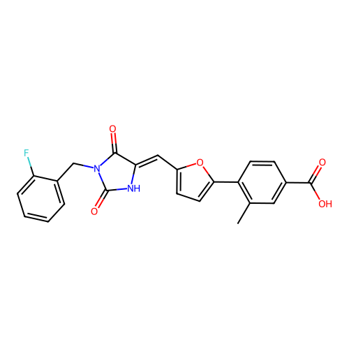 (Z)-4-(5-((1-(2-fluorobenzyl)-2,5-dioxoimidazolidin-4-ylidene)methyl)furan-2-yl)-3-methylbenzoic acid structure