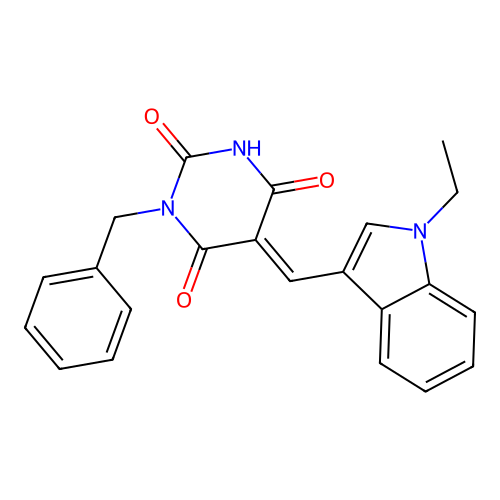 (E)-1-benzyl-5-((1-ethyl-1H-indol-3-yl)methylene)pyrimidine-2,4,6(1H,3H,5H)-trione structure