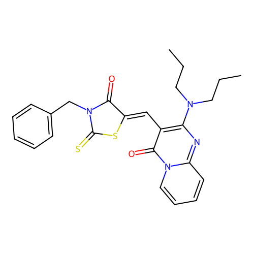 3-[(Z)-(3-benzyl-4-oxo-2-thioxo-1,3-thiazolidin-5-ylidene)methyl]-2-(dipropylamino)-4H-pyrido[1,2-a]pyrimidin-4-one structure