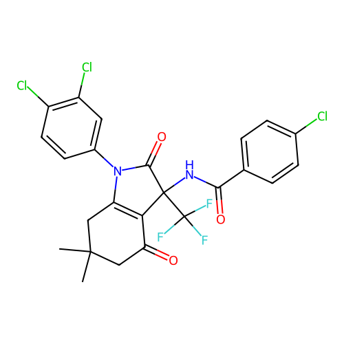 4-chloro-N-[1-(3,4-dichlorophenyl)-6,6-dimethyl-2,4-dioxo-3-(trifluoromethyl)-2,3,4,5,6,7-hexahydro-1H-indol-3-yl]benzamide structure