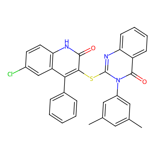 2-[(6-chloro-2-oxo-4-phenyl-1,2-dihydroquinolin-3-yl)sulfanyl]-3-(3,5-dimethylphenyl)quinazolin-4(3H)-one structure