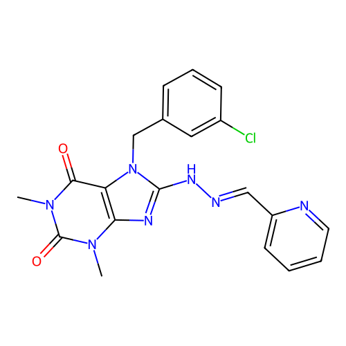 (E)-7-(3-chlorobenzyl)-1,3-dimethyl-8-(2-(pyridin-2-ylmethylene)hydrazinyl)-1H-purine-2,6(3H,7H)-dione structure