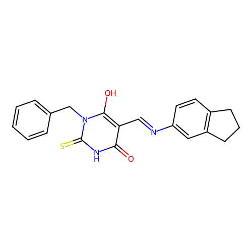 (5E)-1-benzyl-5-[(2,3-dihydro-1H-inden-5-ylamino)methylidene]-2-sulfanylidene-1,3-diazinane-4,6-dione structure